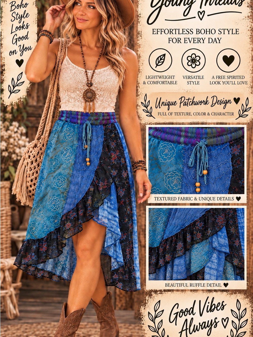 803. Boho High-Low Patchwork Ruffle Skirt - Blue - Picture 1 of 1